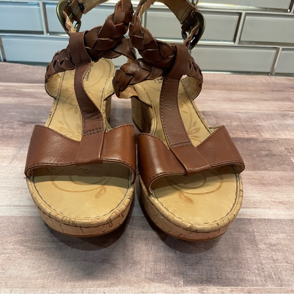 Born Laurene In Saddle Brown Braided Leather Cork Wedge Sandals Size 7 - Picture 5 of 12